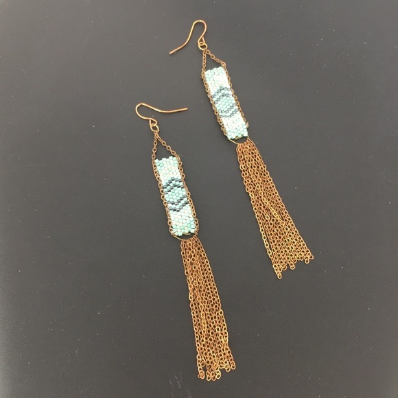Boho Copper Green White Seed Bead Long Tassel Statement Dangle Earrings Tribal - Picture 6 of 8
